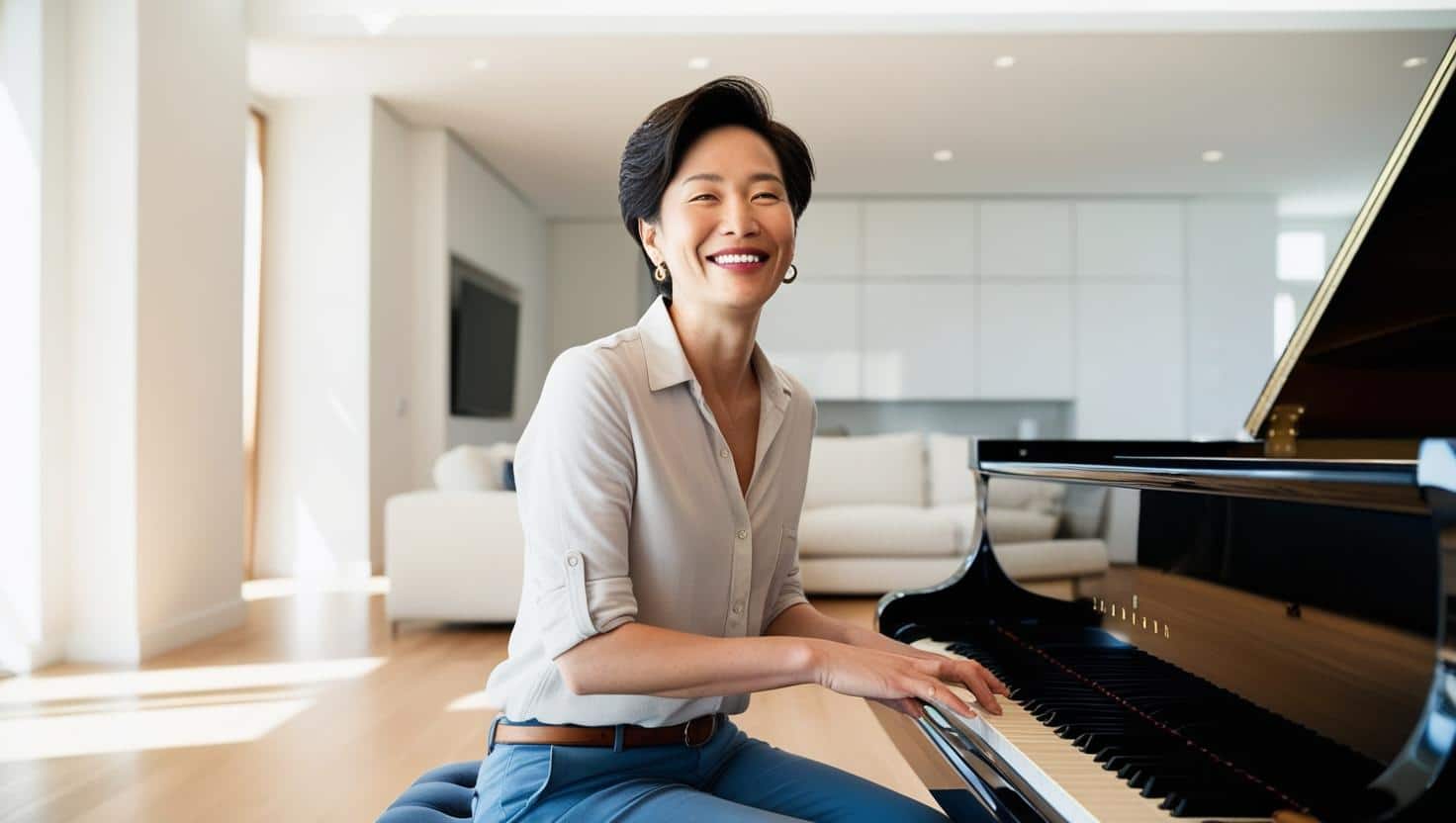 jongedame die thuis met plezier piano speelt
